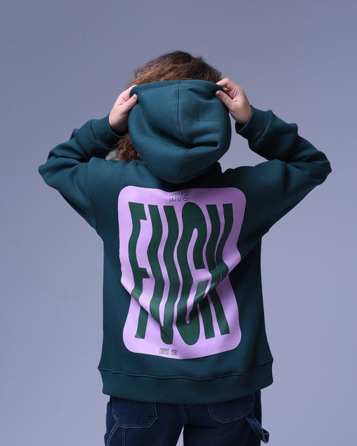 NotYourSize2025 oversized hoodie for unisex in dark green with pink graphic design on the back