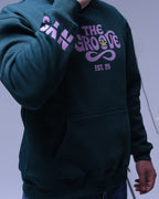 NYS oversized hoodie for unisex in dark color with pink graphic text and a front pocket