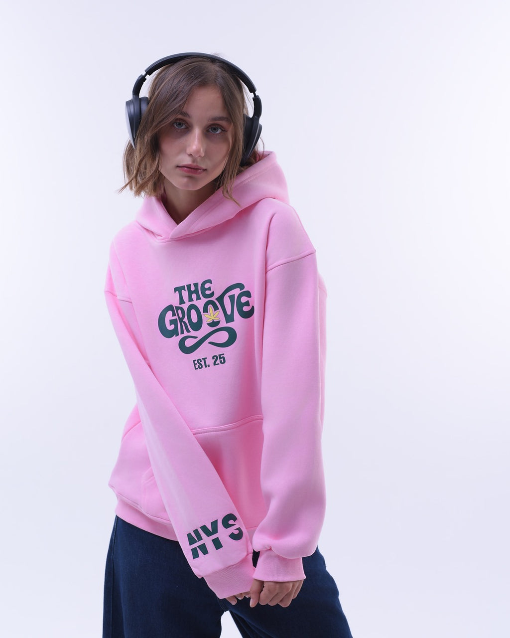 NYS pink oversized hoodie for women with The Groove design and front pocket