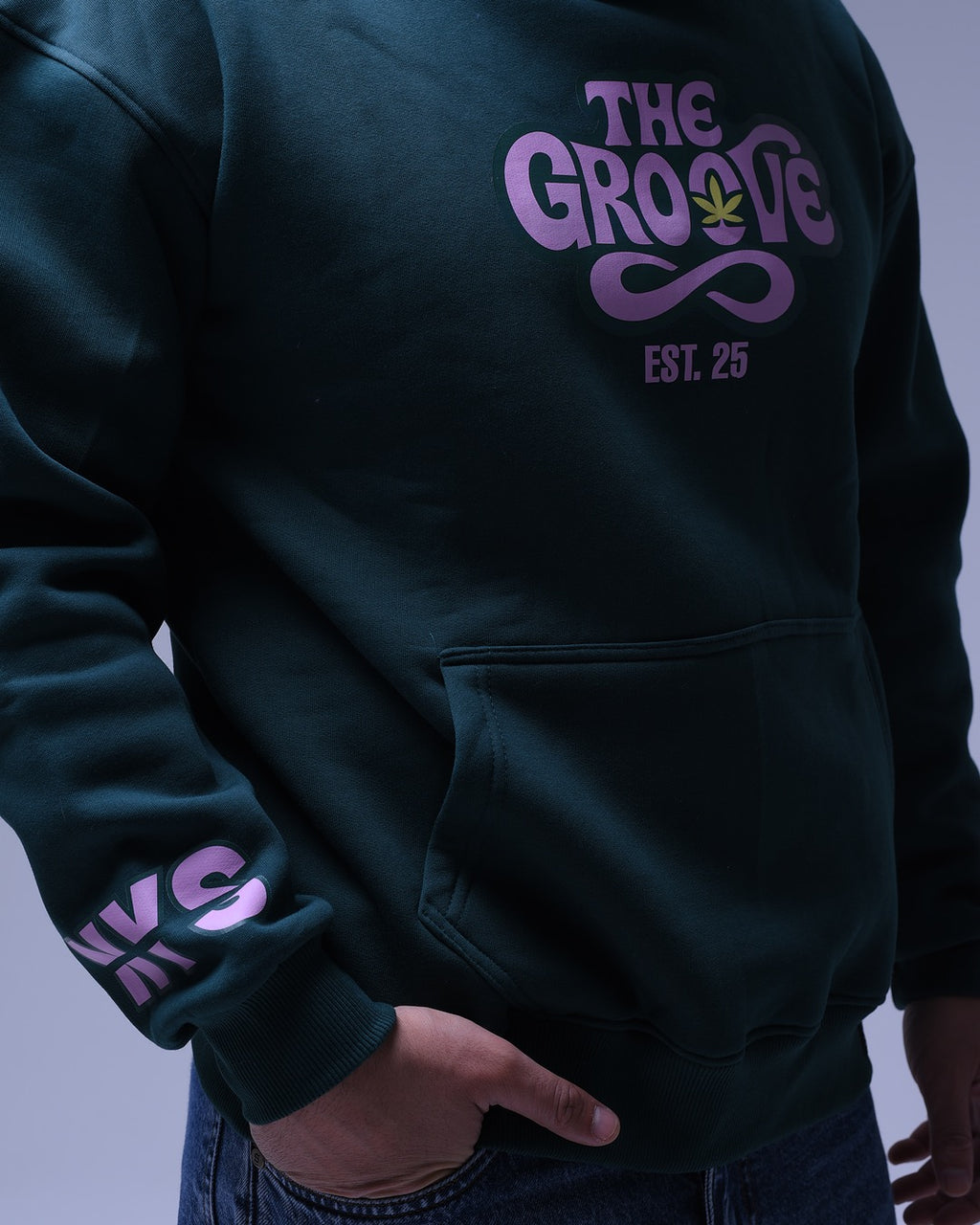 Dark oversized hoodie for women with purple The Groove design and front pocket by NotYourSize2025