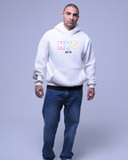 White oversized hoodie for unisex with colorful NYS logo and kangaroo pocket by NYS